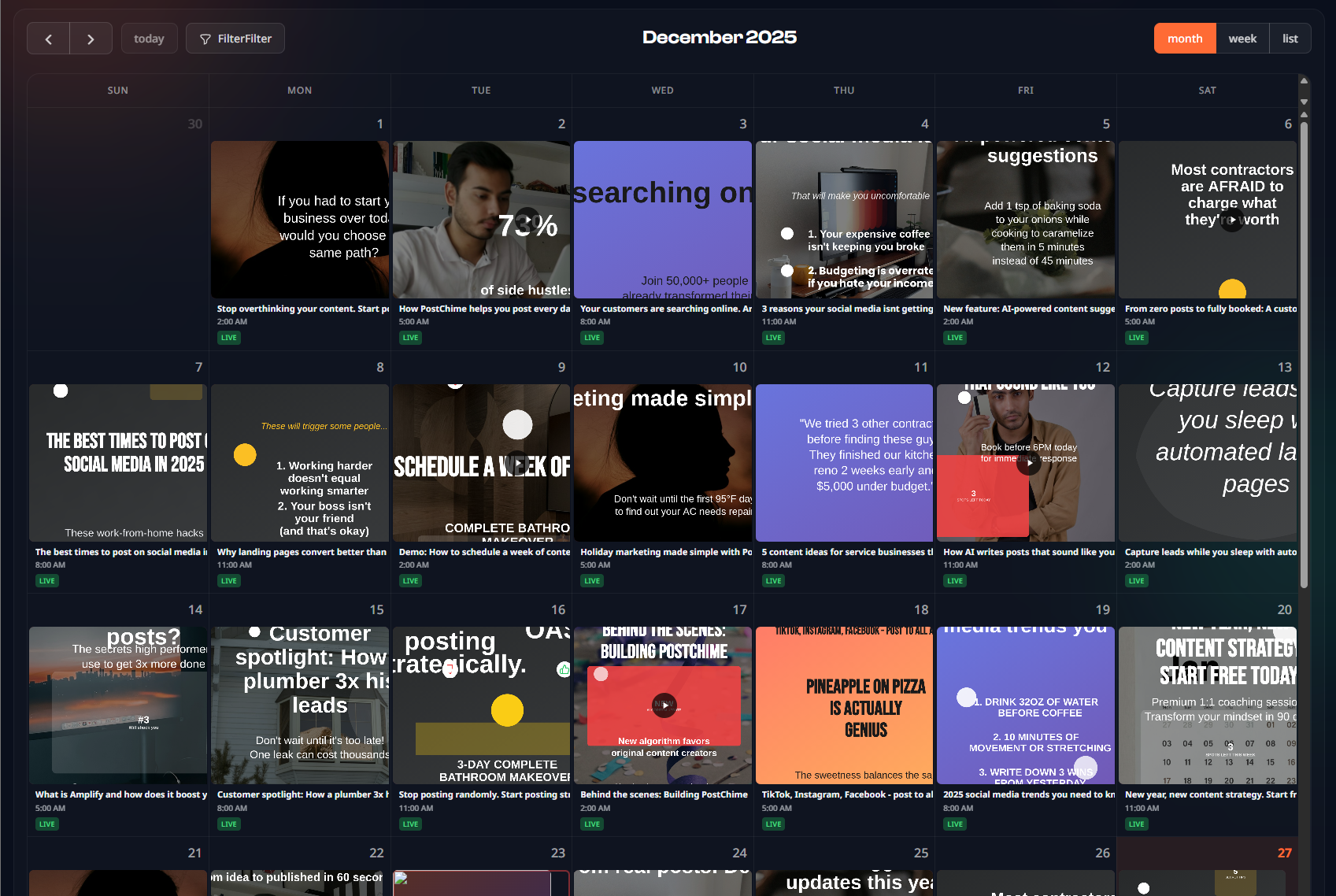 PostChime content calendar showing December 2025 with scheduled social media posts